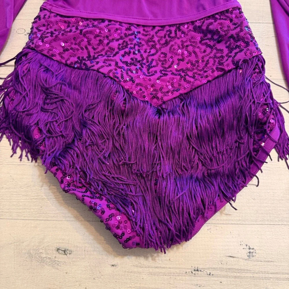 Weismann‎ girls long sleeve dance costume purple sequins tassel medium child